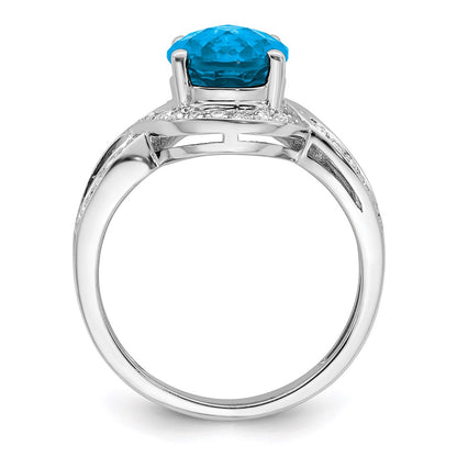 Sterling Silver Rhodium Diamond u0026 Checker-Cut Blue Topaz Ring