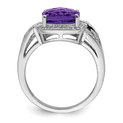 Sterling Silver Rhodium-plated Diamond u0026 Checker-Cut Amethyst Ring