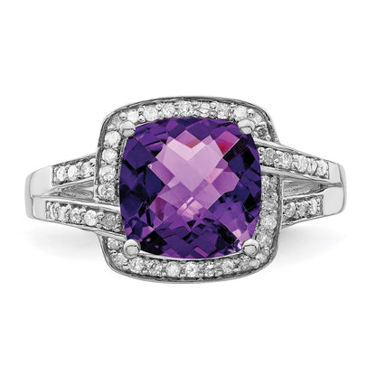 Sterling Silver Rhodium-plated Diamond u0026 Checker-Cut Amethyst Ring