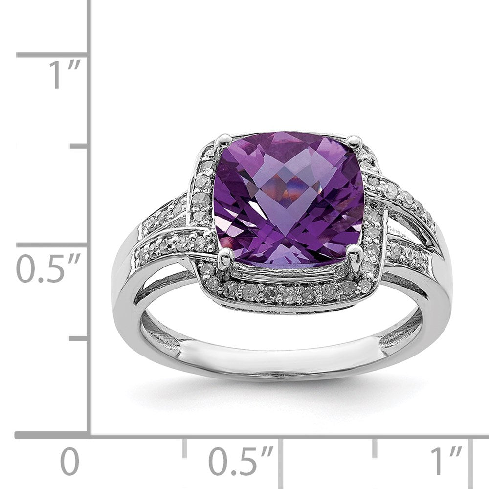 Sterling Silver Rhodium-plated Diamond u0026 Checker-Cut Amethyst Ring