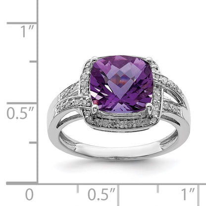 Sterling Silver Rhodium-plated Diamond u0026 Checker-Cut Amethyst Ring