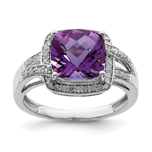 Sterling Silver Rhodium-plated Diamond u0026 Checker-Cut Amethyst Ring