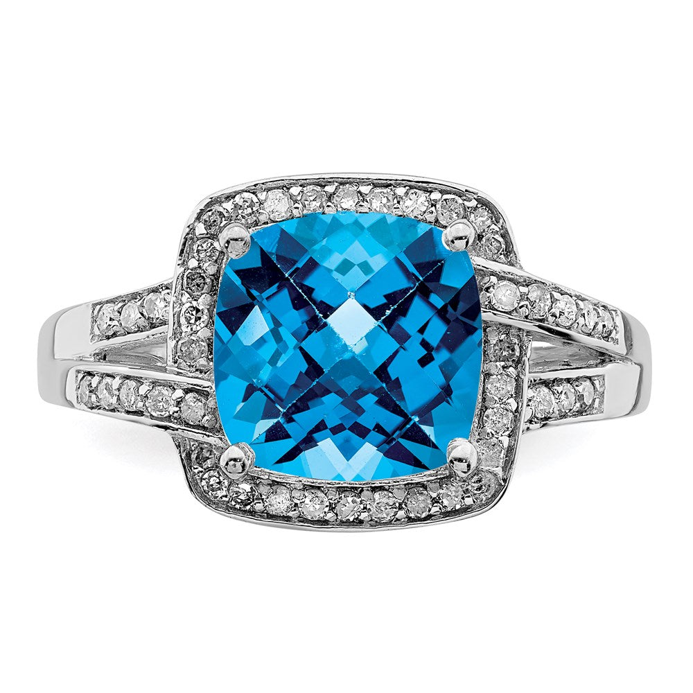 Sterling Silver Rhodium Diamond u0026 Checker-Cut Blue Topaz Ring