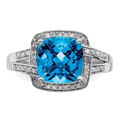 Sterling Silver Rhodium Diamond u0026 Checker-Cut Blue Topaz Ring