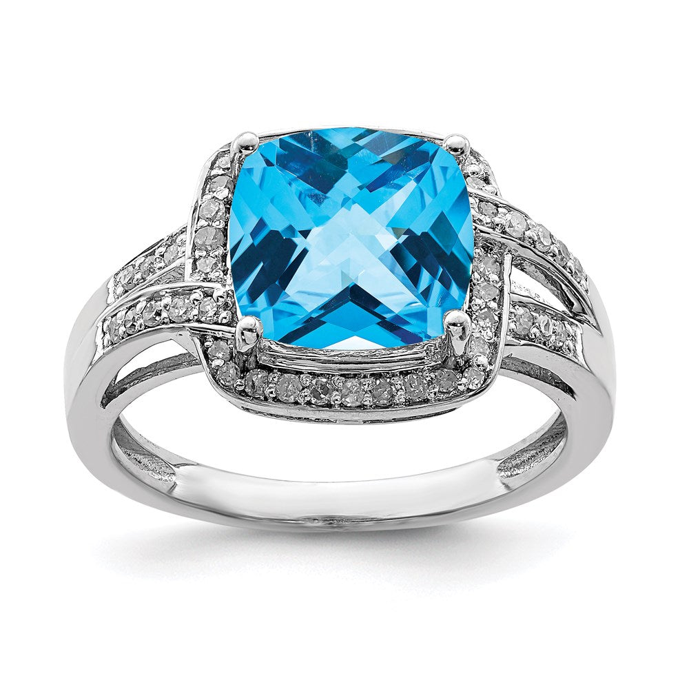 Sterling Silver Rhodium Diamond u0026 Checker-Cut Blue Topaz Ring