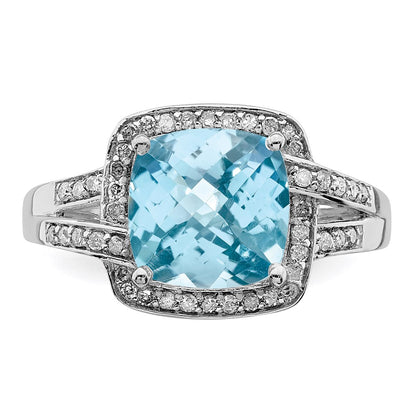 Sterling Silver Rhodium Diamond u0026 Checker-Cut Sky Blue Topaz Ring