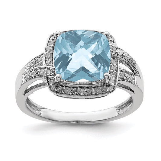 Sterling Silver Rhodium Diamond u0026 Checker-Cut Sky Blue Topaz Ring