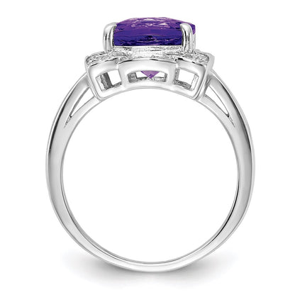 Sterling Silver Rhodium-plated Diamond u0026 Checker-Cut Amethyst Ring