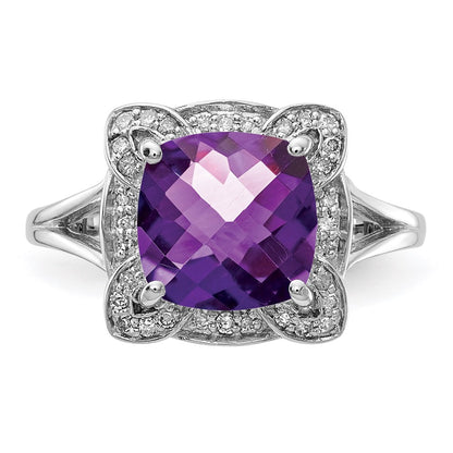 Sterling Silver Rhodium-plated Diamond u0026 Checker-Cut Amethyst Ring