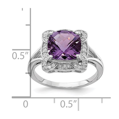 Sterling Silver Rhodium-plated Diamond u0026 Checker-Cut Amethyst Ring