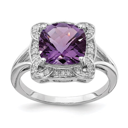 Sterling Silver Rhodium-plated Diamond u0026 Checker-Cut Amethyst Ring