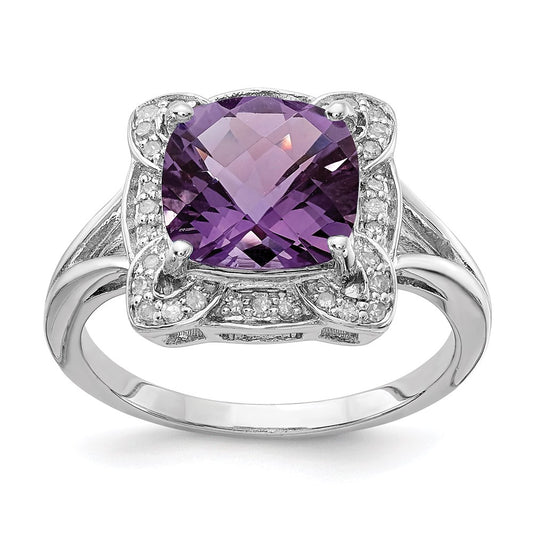 Sterling Silver Rhodium-plated Diamond u0026 Checker-Cut Amethyst Ring