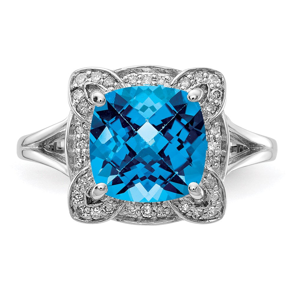 Sterling Silver Rhodium Diamond u0026 Checker-Cut Blue Topaz Ring