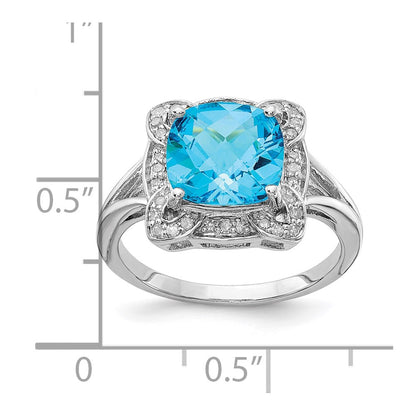 Sterling Silver Rhodium Diamond u0026 Checker-Cut Blue Topaz Ring