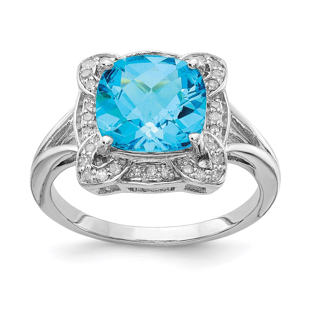 Sterling Silver Rhodium Diamond u0026 Checker-Cut Blue Topaz Ring