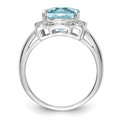 Sterling Silver Rhodium Diamond u0026 Checker-Cut Sky Blue Topaz Ring