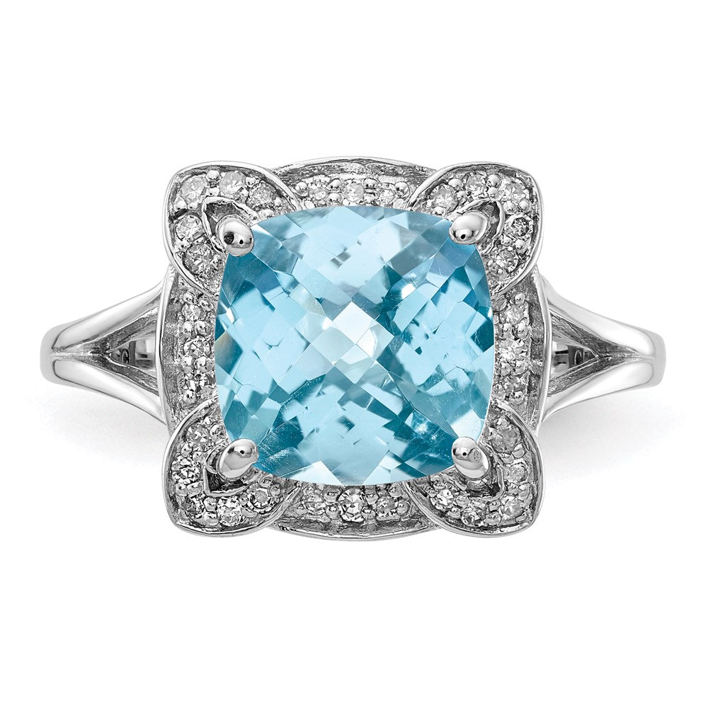 Sterling Silver Rhodium Diamond u0026 Checker-Cut Sky Blue Topaz Ring
