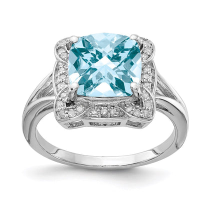 Sterling Silver Rhodium Diamond u0026 Checker-Cut Sky Blue Topaz Ring