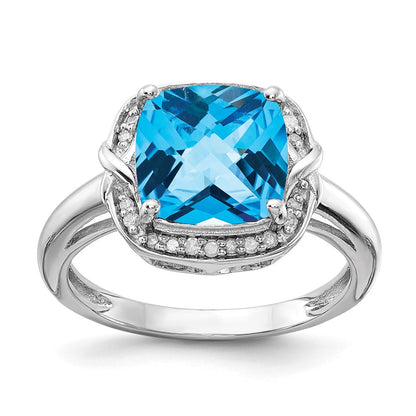 Sterling Silver Rhodium Diamond u0026 Checker-Cut Blue Topaz Ring
