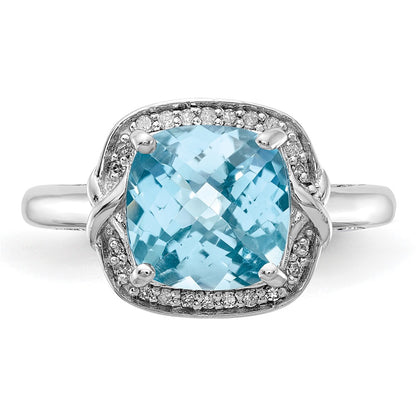 Sterling Silver Rhodium Diamond u0026 Checker-Cut Sky Blue Topaz Ring