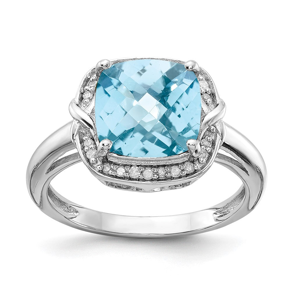 Sterling Silver Rhodium Diamond u0026 Checker-Cut Sky Blue Topaz Ring