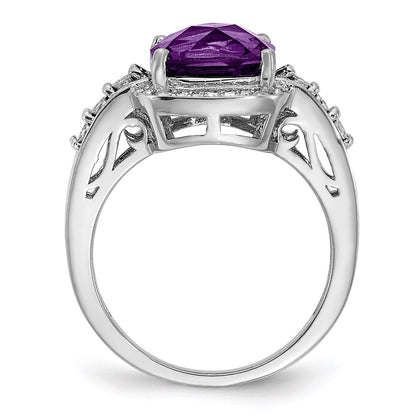 Sterling Silver Rhodium-plated Diamond u0026 Checker-Cut Amethyst Ring