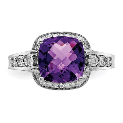 Sterling Silver Rhodium-plated Diamond u0026 Checker-Cut Amethyst Ring