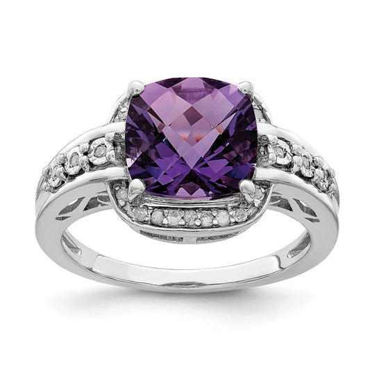 Sterling Silver Rhodium-plated Diamond u0026 Checker-Cut Amethyst Ring