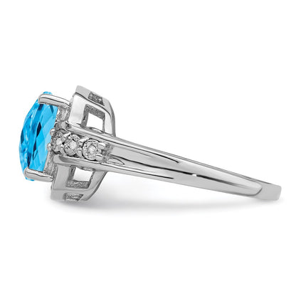 Sterling Silver Rhodium Diamond u0026 Checker-Cut Blue Topaz Ring
