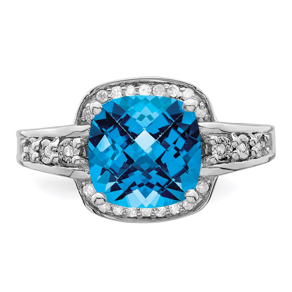 Sterling Silver Rhodium Diamond u0026 Checker-Cut Blue Topaz Ring