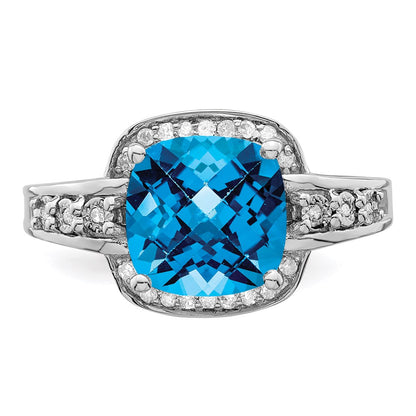 Sterling Silver Rhodium Diamond u0026 Checker-Cut Blue Topaz Ring