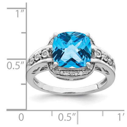 Sterling Silver Rhodium Diamond u0026 Checker-Cut Blue Topaz Ring
