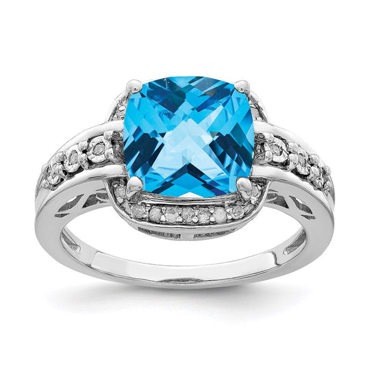 Sterling Silver Rhodium Diamond u0026 Checker-Cut Blue Topaz Ring