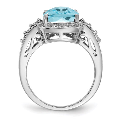 Sterling Silver Rhodium Diamond u0026 Checker-Cut Sky Blue Topaz Ring