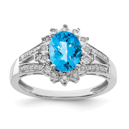Sterling Silver Rhodium Diamond u0026 Checker-Cut Blue Topaz Ring