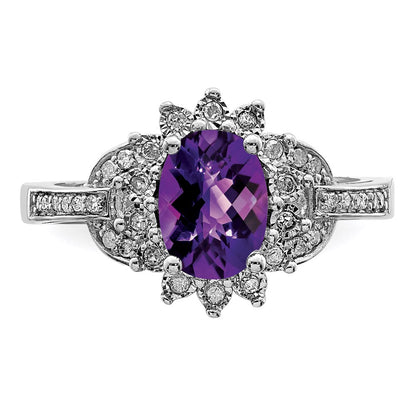 Sterling Silver Rhodium-plated Diamond u0026 Checker-Cut Amethyst Ring