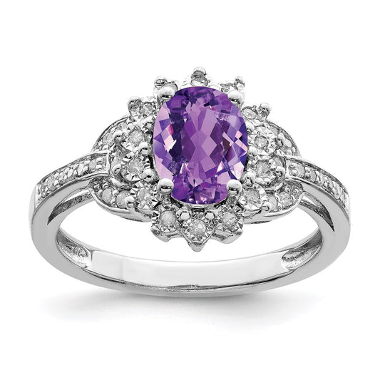 Sterling Silver Rhodium-plated Diamond u0026 Checker-Cut Amethyst Ring