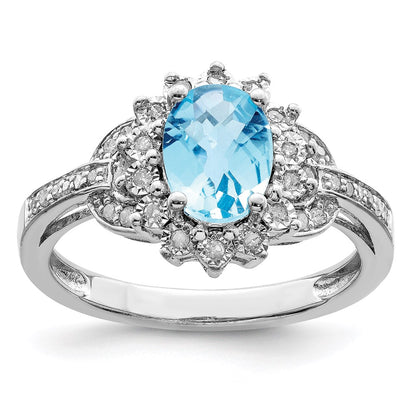 Sterling Silver Rhodium Diamond u0026 Checker-Cut Sky Blue Topaz Ring