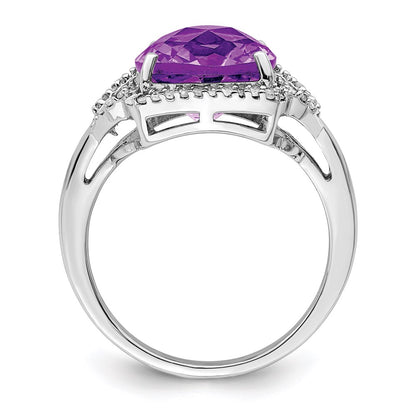 Sterling Silver Rhodium-plated Checker-Cut Amethyst u0026 Diamond Ring