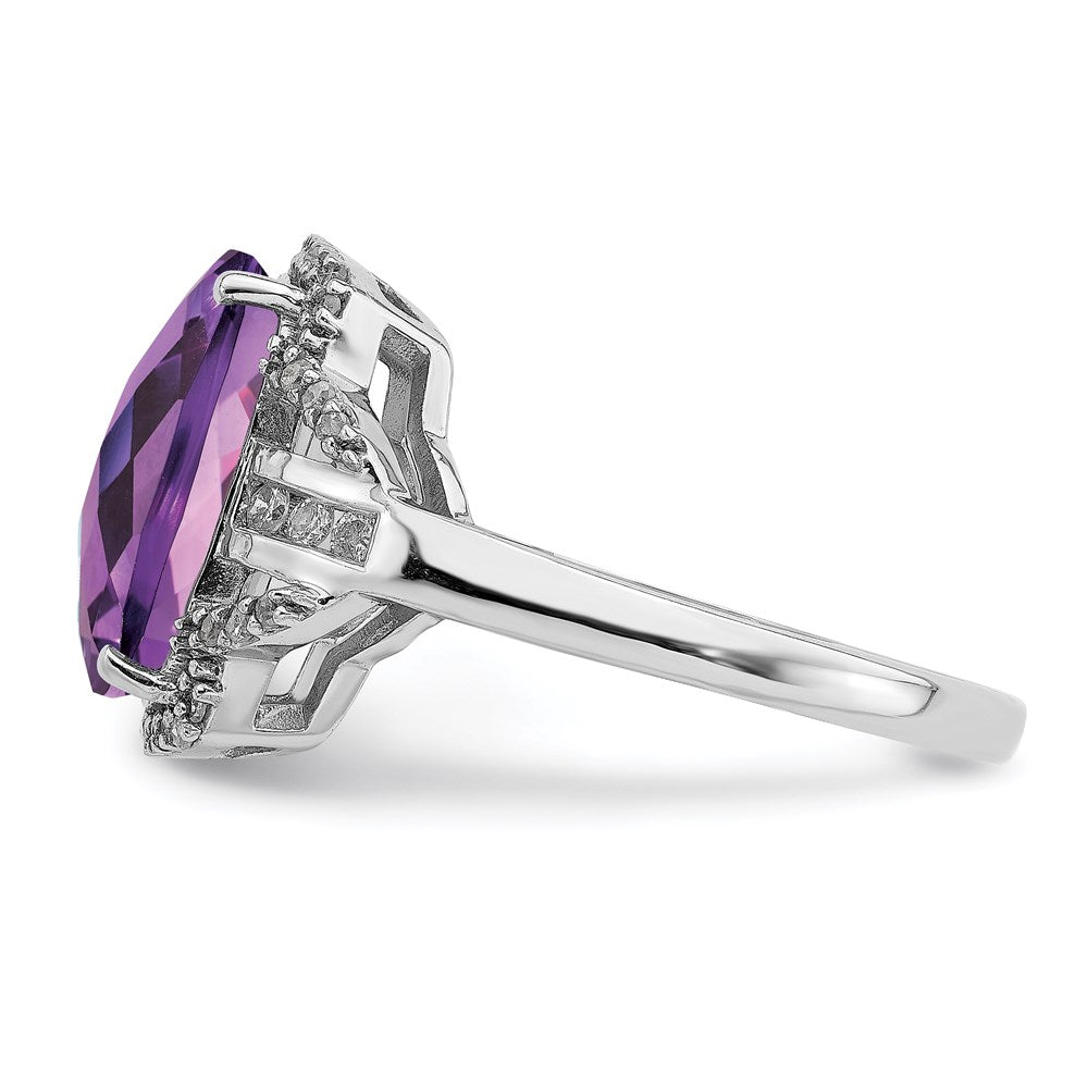 Sterling Silver Rhodium-plated Checker-Cut Amethyst u0026 Diamond Ring