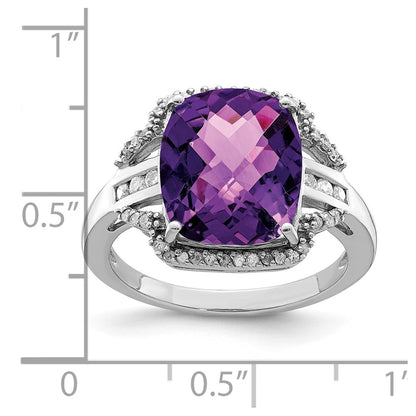 Sterling Silver Rhodium-plated Checker-Cut Amethyst u0026 Diamond Ring