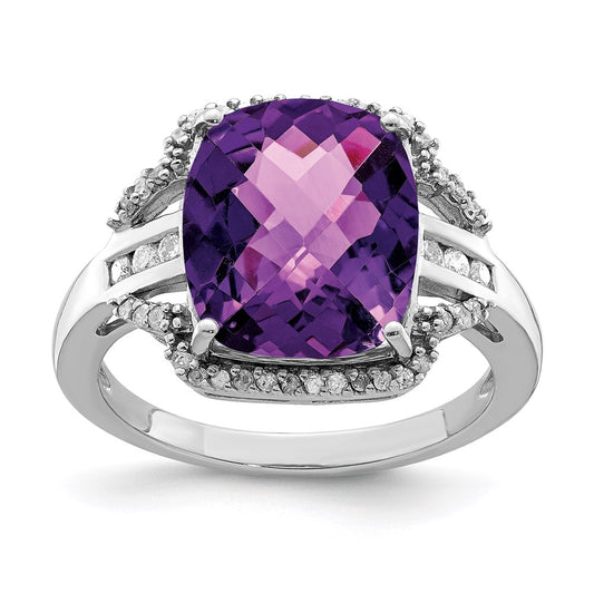 Sterling Silver Rhodium-plated Checker-Cut Amethyst u0026 Diamond Ring
