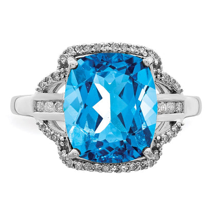 Sterling Silver Rhodium Checker-Cut Blue Topaz u0026 Diamond Ring