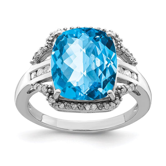 Sterling Silver Rhodium Checker-Cut Blue Topaz u0026 Diamond Ring