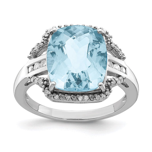 Sterling Silver Rhodium Diamond u0026 Checker-Cut Sky Blue Topaz Ring