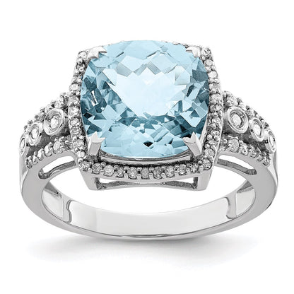 Sterling Silver Rhodium Diamond u0026 Checker-Cut Sky Blue Topaz Ring