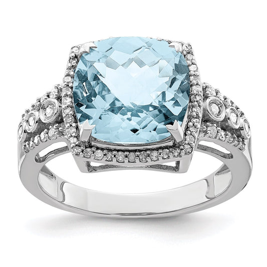 Sterling Silver Rhodium Diamond u0026 Checker-Cut Sky Blue Topaz Ring