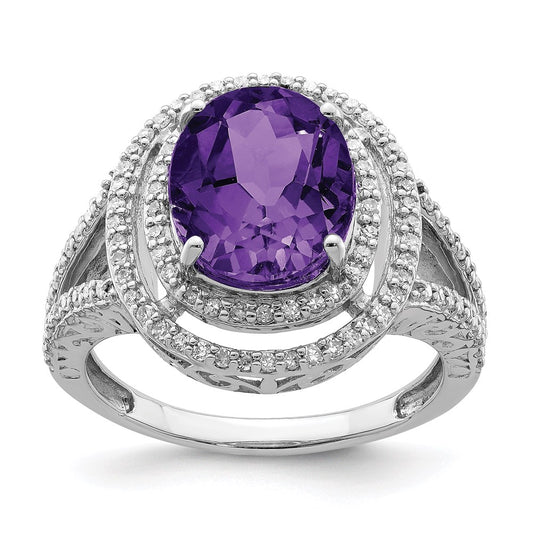Sterling Silver Rhodium-plated Amethyst u0026 Diamond Ring