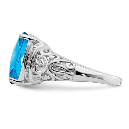 Sterling Silver Rhodium Checker-Cut Blue Topaz u0026 Diamond Ring