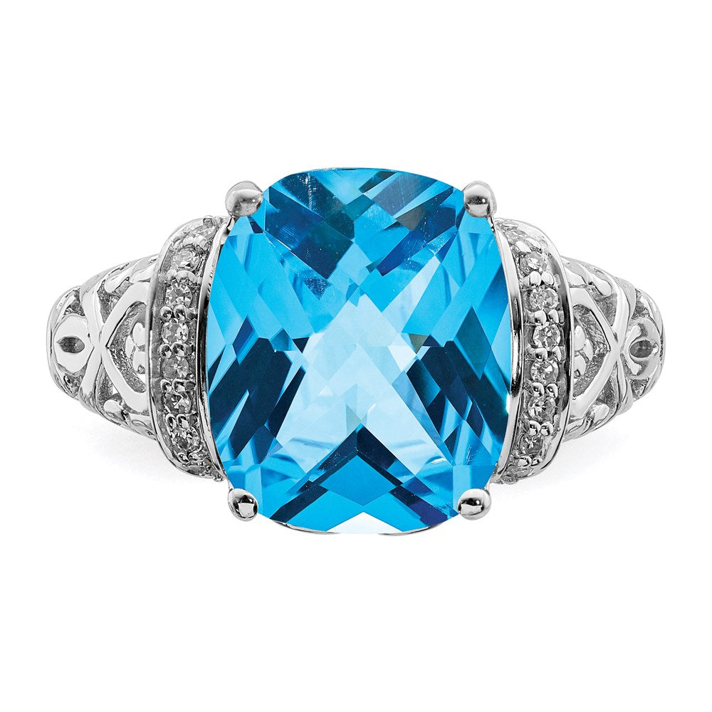 Sterling Silver Rhodium Checker-Cut Blue Topaz u0026 Diamond Ring